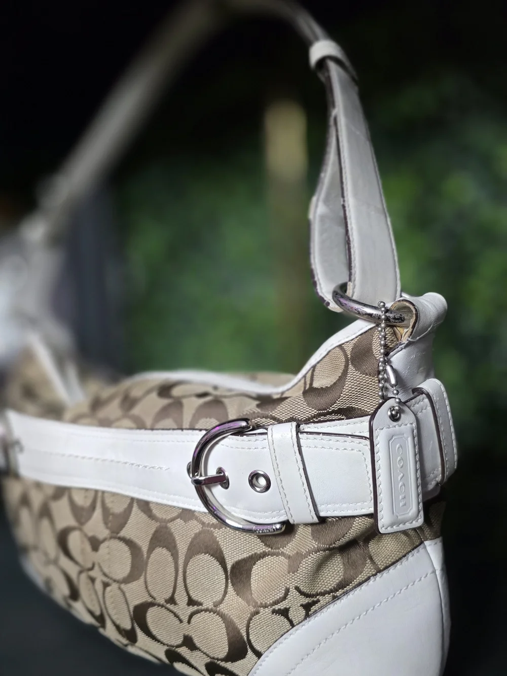 Coach Soho Signature Jacquard Hobo Shoulder Purse White Leather Trim F07077